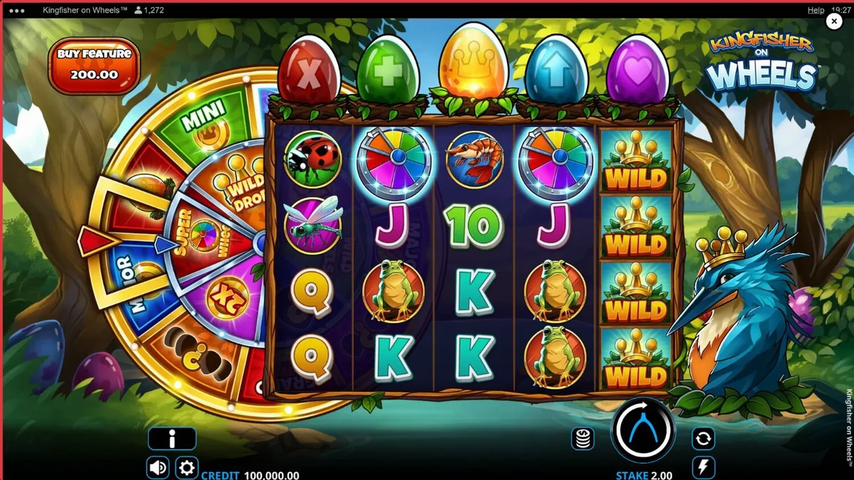 Kingfisher on Wheels slot machine interface showing the Fortune Wheel and regal bird character.