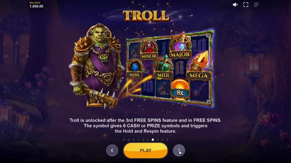 Pemandangan hutan mistis dalam slot Land of Riches dengan karakter fantasi di latar belakang