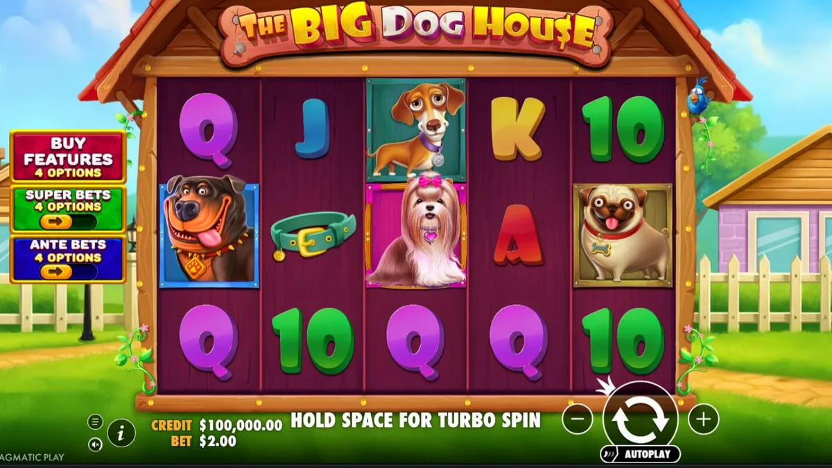 The Big Dog House slot machine interface featuring playful dog characters